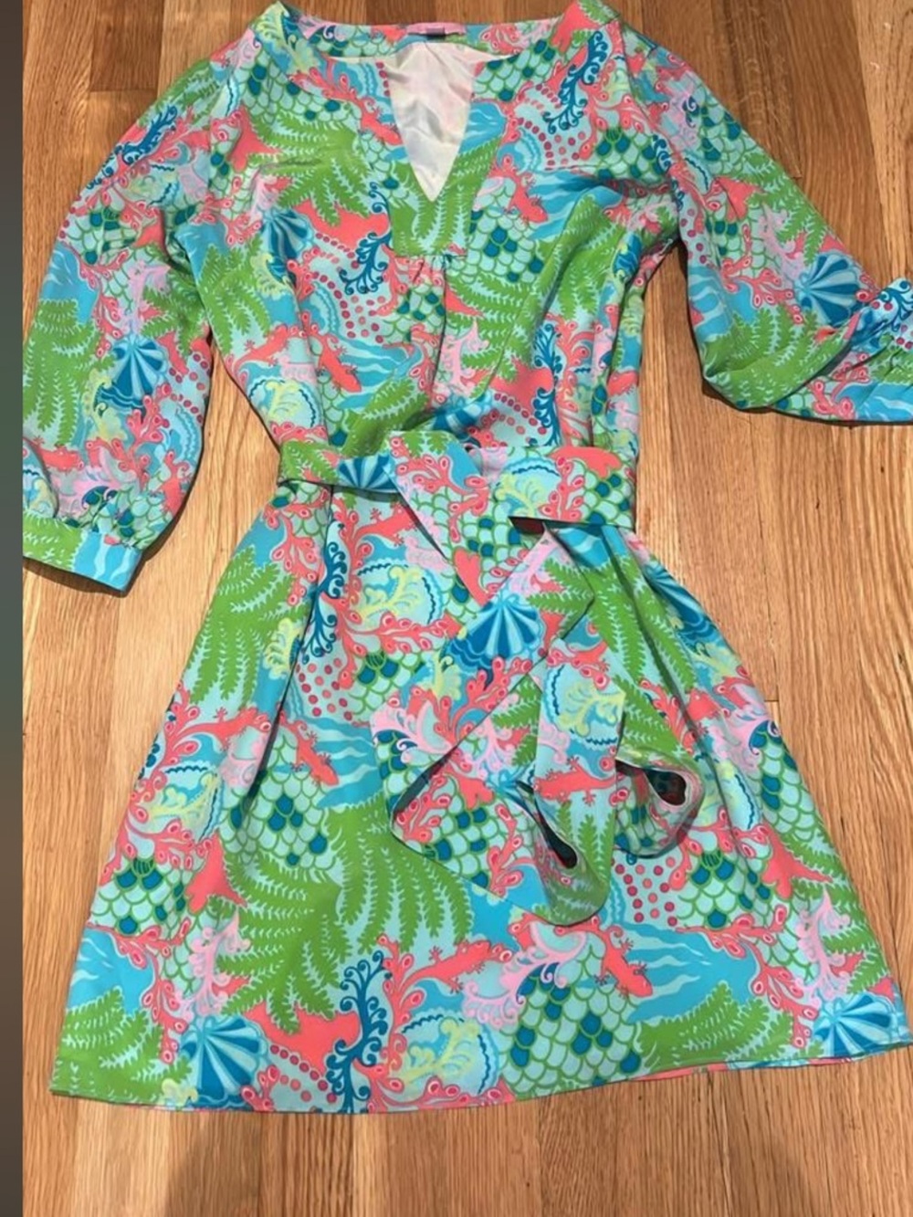 Lilly Pulitzer V-Neck Belted Mini Dress in Aqua, Pink & Green